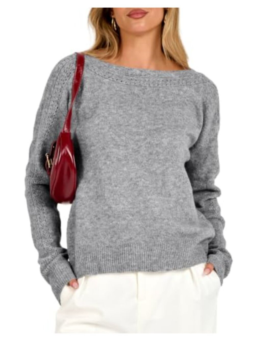 Women's Long Sleeve Crochet Boat Neck Pullover Sweater Knit